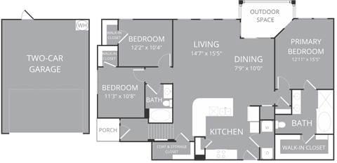 Floor plan for 3 beds, 2 baths, 1498 sqft
